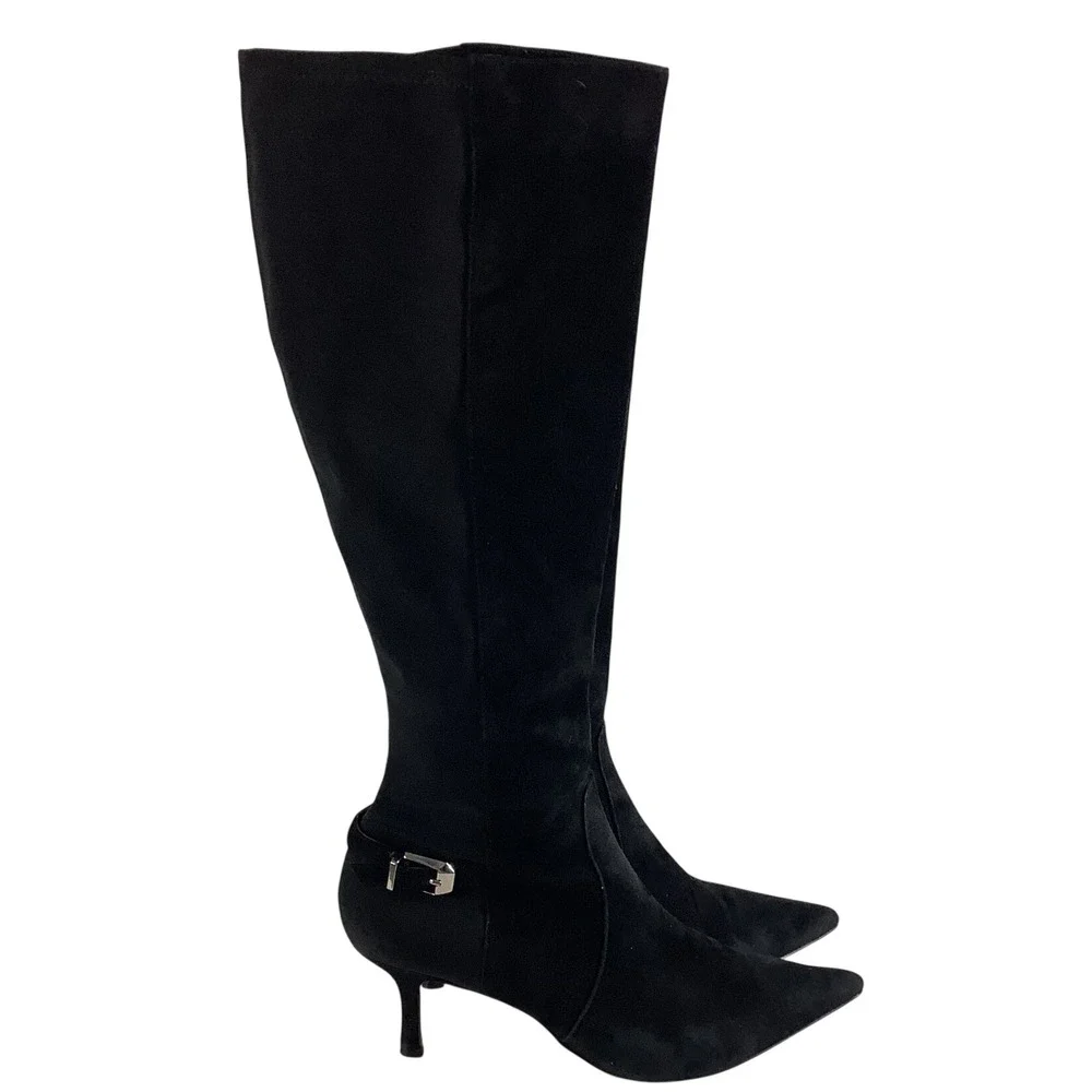 Ivanka Trump Izze Black Suede Pointed Toe Kitten Heel Tall Boots Women 8.5
